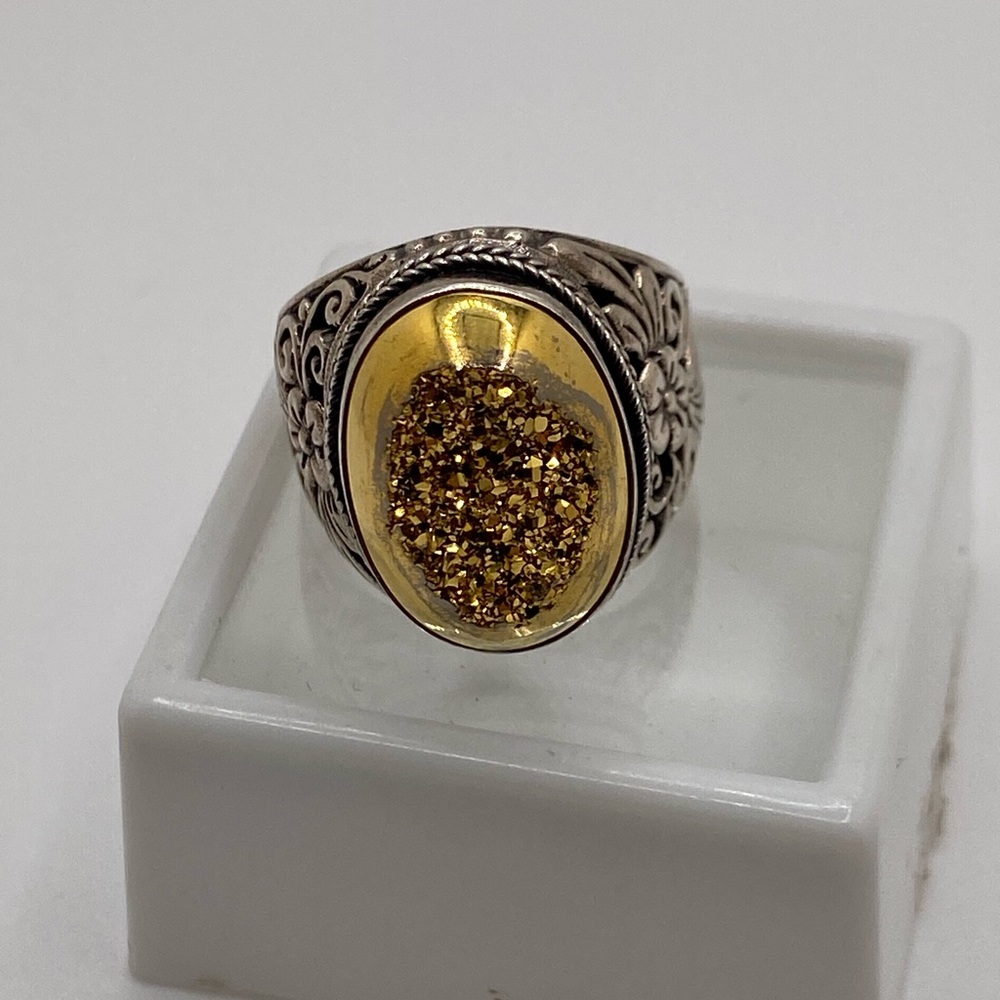 Stealing silver golden druzy ring size 8